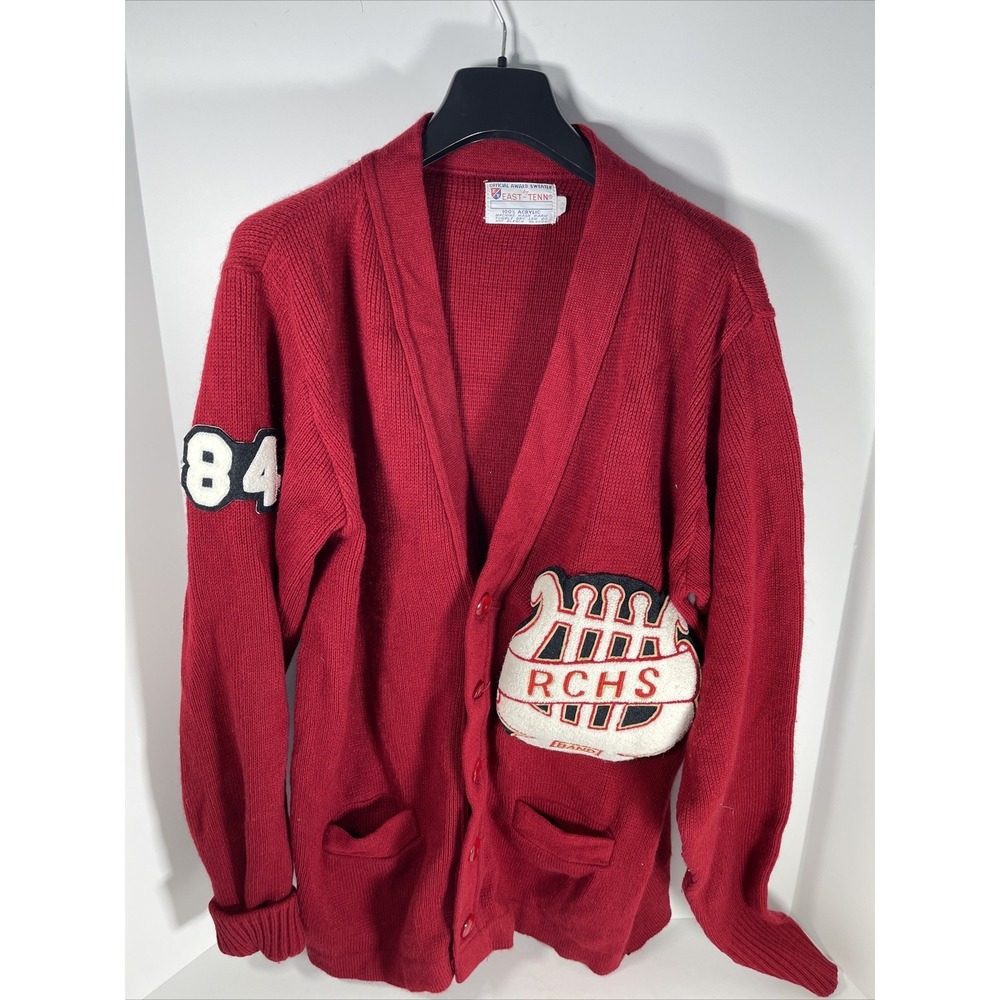 Vtg East-Tenn RCHS 100%  Acrylic Marching Band Sweater Size 42 1984 Red Cardigan